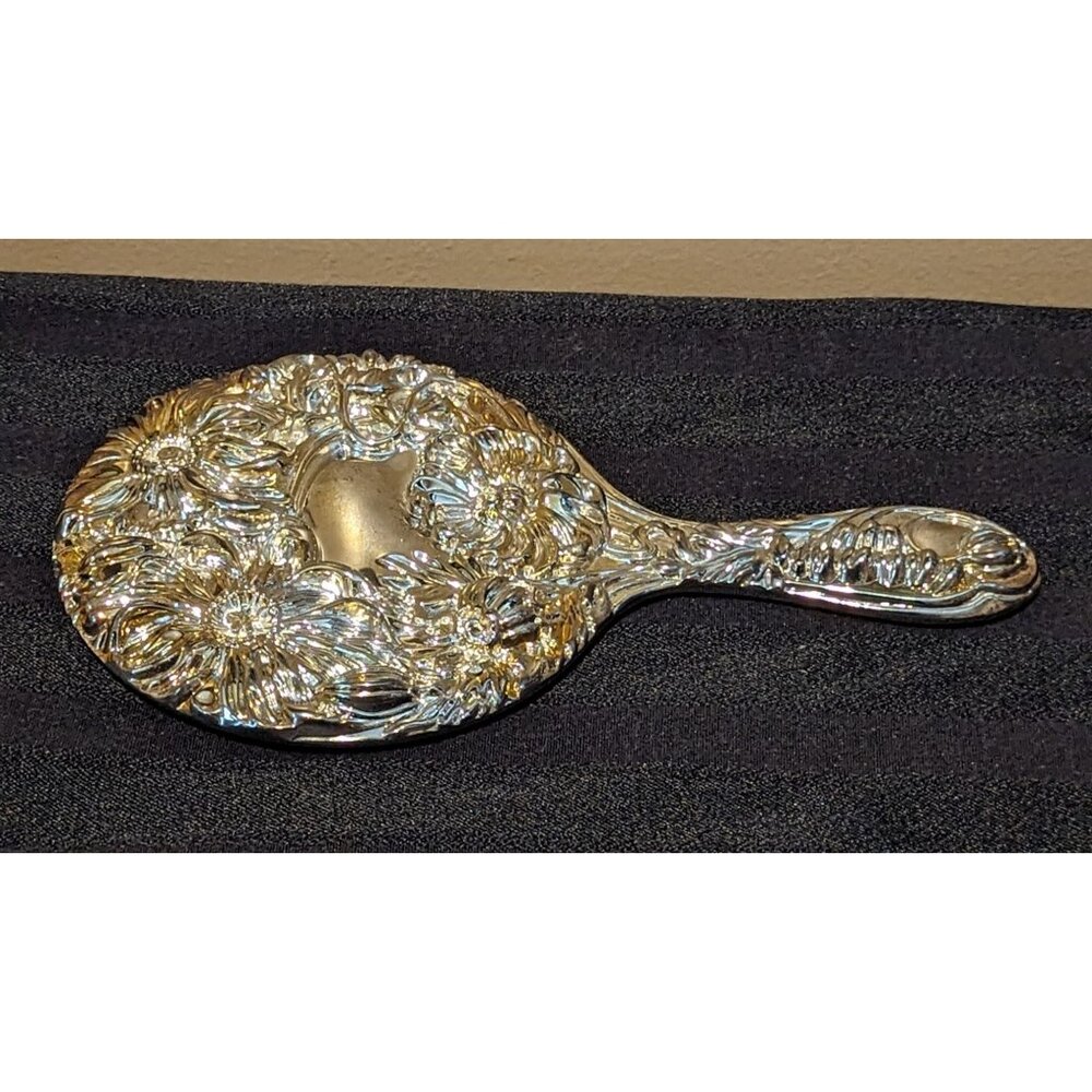 Vintage Silver Plated Hand Held Dresser Vanity Mirror Floral Flowers